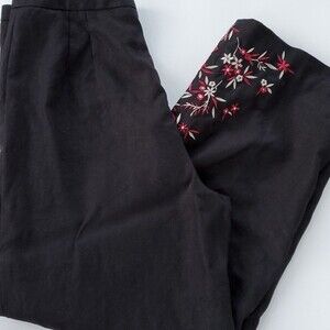 100% LINEN EMBROIDERED SUPER HIGH WAIST RISE PANTS BLACK SIZE 10 VINTAGE 90S